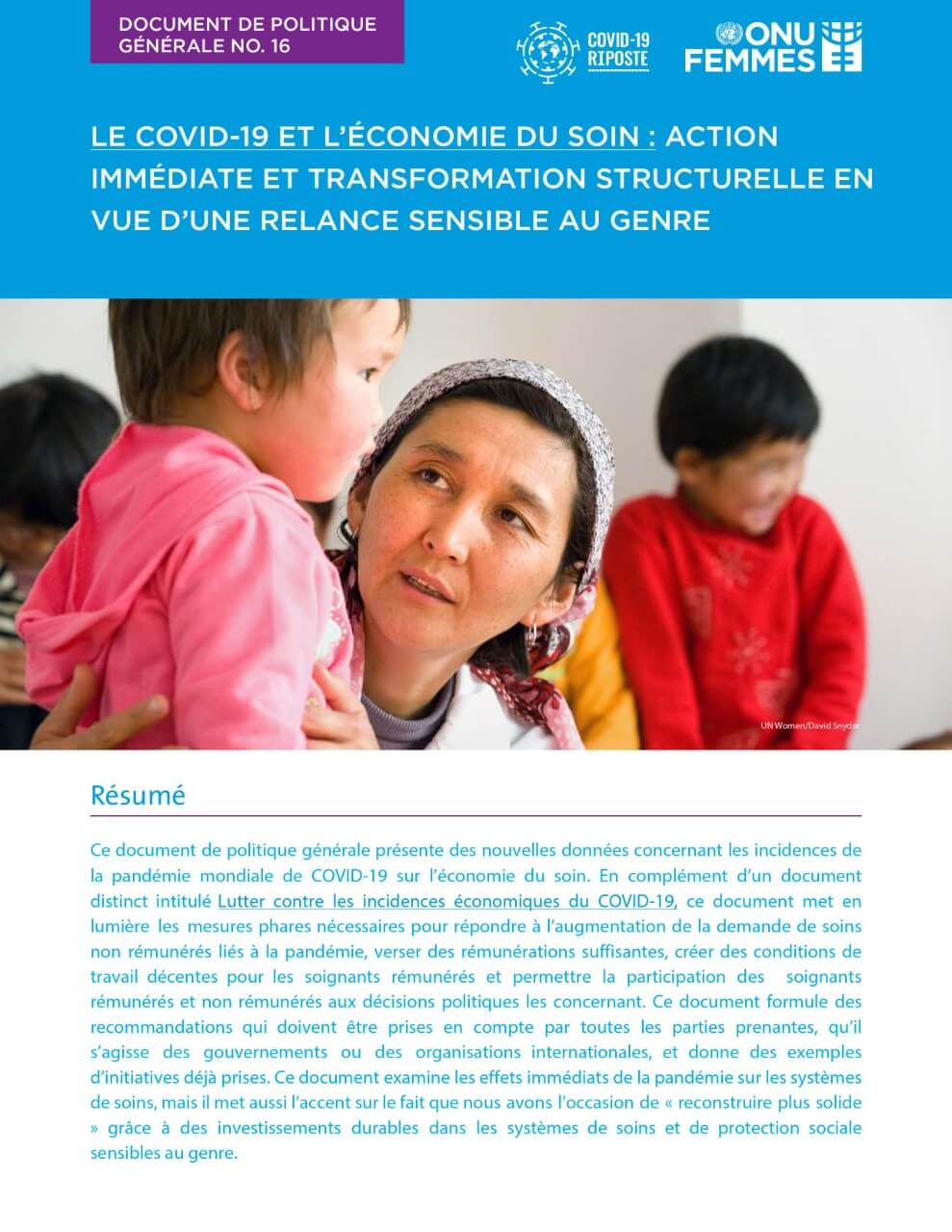 Le COVID-19 et l’économie du soin : action immédiate et transformation structurelle en vue d’une relance sensible au genre